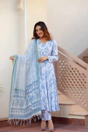 Azure Bloom Embroidered Cotton Kurtha Set of 2 – Serene Blue