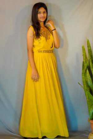 Artisanal Drape Gown in Golden Ochre with Embellished Waist Belt