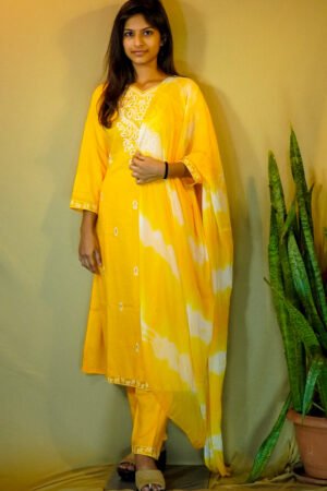 Artisanal Yellow Chikankari Kurta with Tie-Dye Dupatta