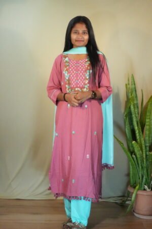 Pink & Aqua Blue Embroidered Rayon Kurta Set with Dupatta