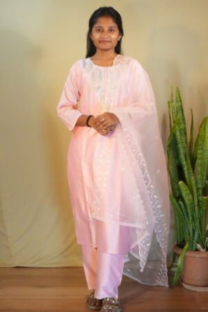 Pastel Pink Silk Blend Suit Set with Organza Dupatta
