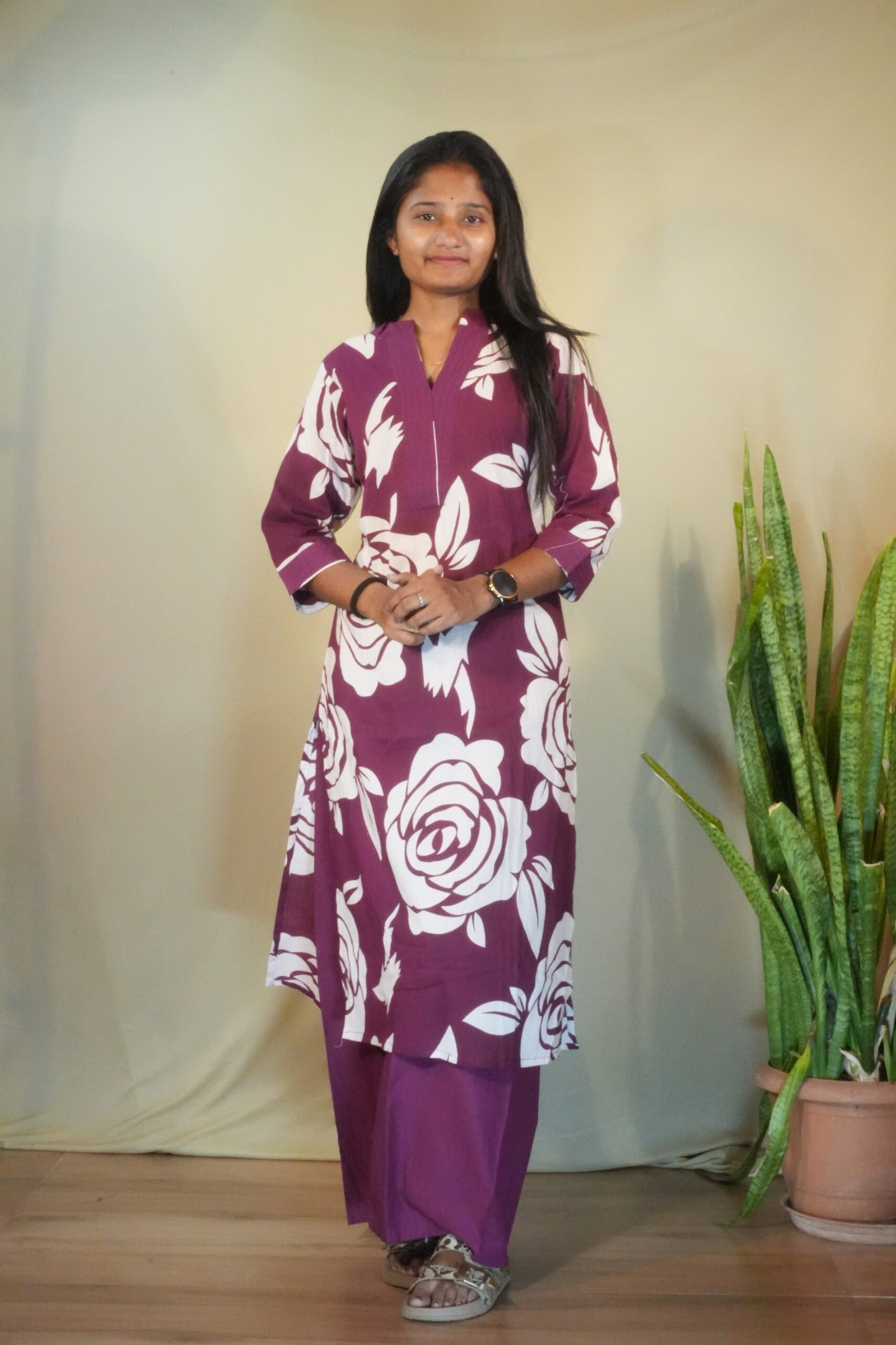 Plum & White Floral Print Cotton Kurta with Palazzos