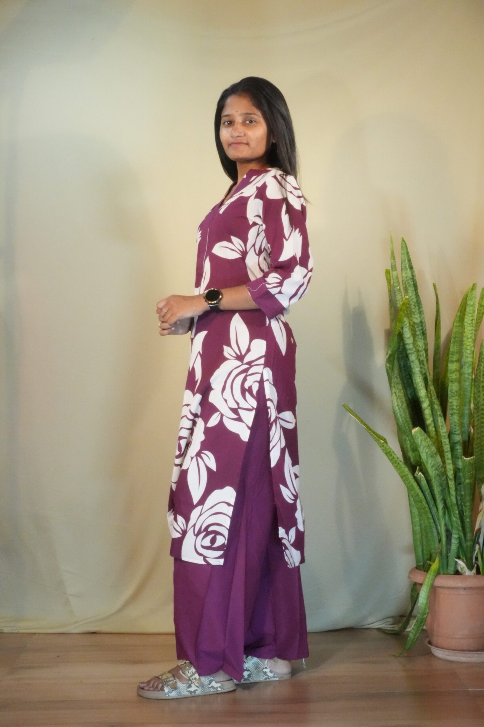 Plum & White Floral Print Cotton Kurta with Palazzos - Image 2