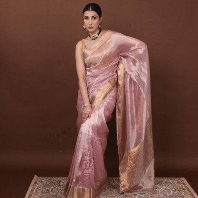 Embroidered Organza Scalloped Saree in Green