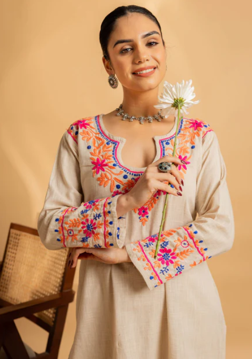 Azure Bloom Embroidered Cotton Kurtha Set of 2 – Serene Blue - Image 3