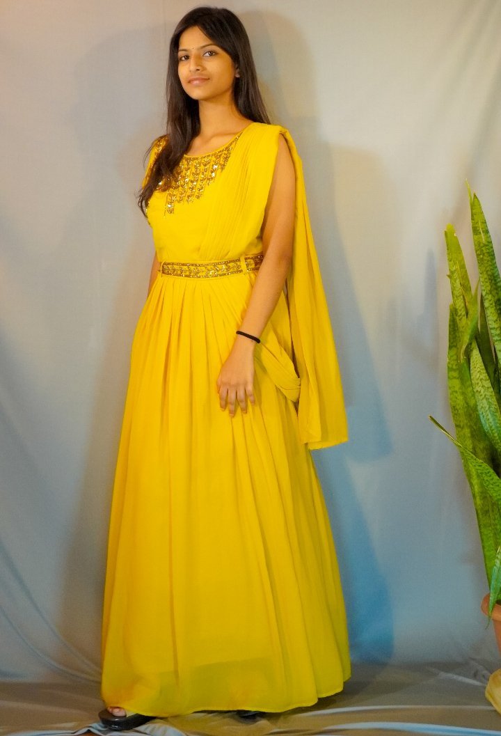 Artisanal Drape Gown in Golden Ochre with Embellished Waist Belt - Image 4