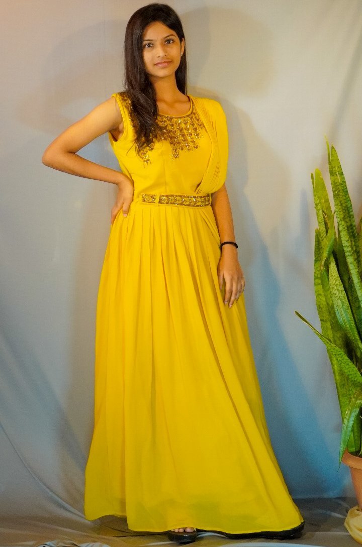 Artisanal Drape Gown in Golden Ochre with Embellished Waist Belt - Image 2