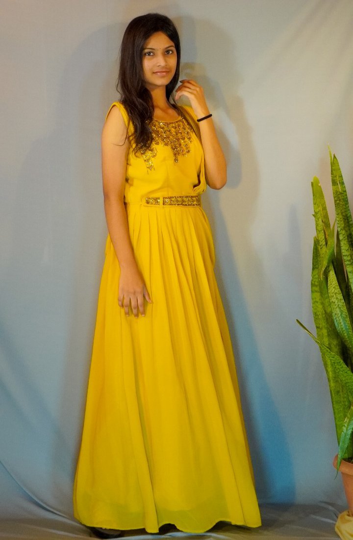 Artisanal Drape Gown in Golden Ochre with Embellished Waist Belt