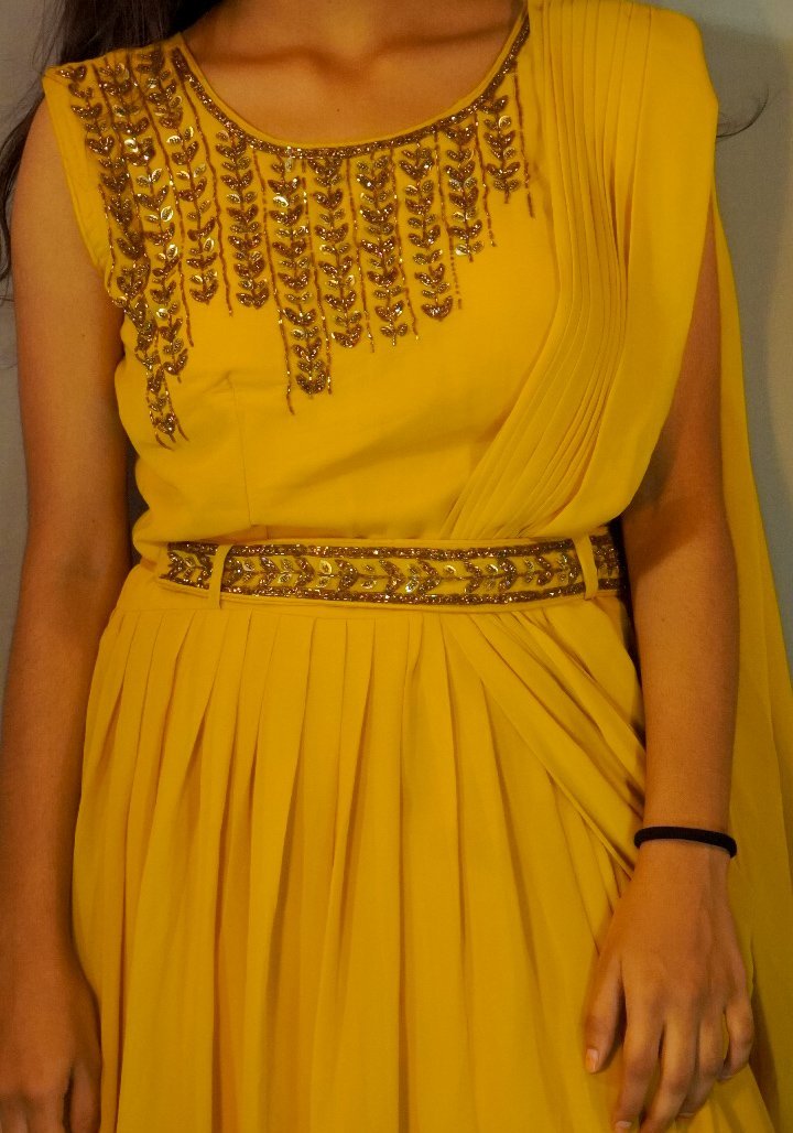 Artisanal Drape Gown in Golden Ochre with Embellished Waist Belt - Image 3