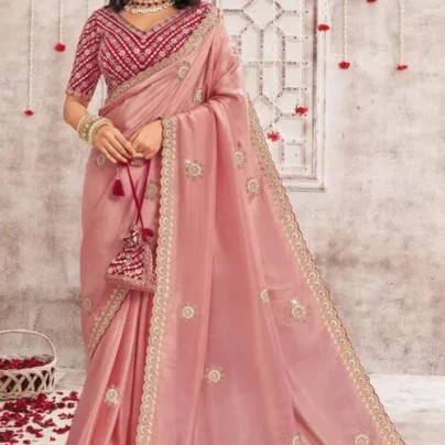 Embroidered Organza Scalloped Saree in Peach