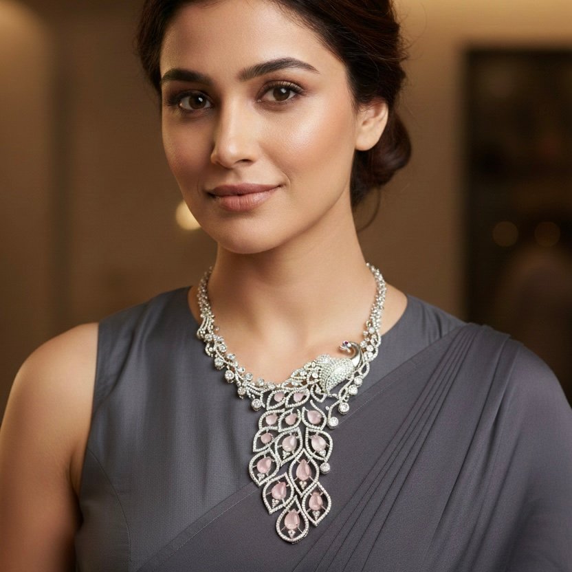 Silver-Tone Designer Necklace Set with Pink Stones