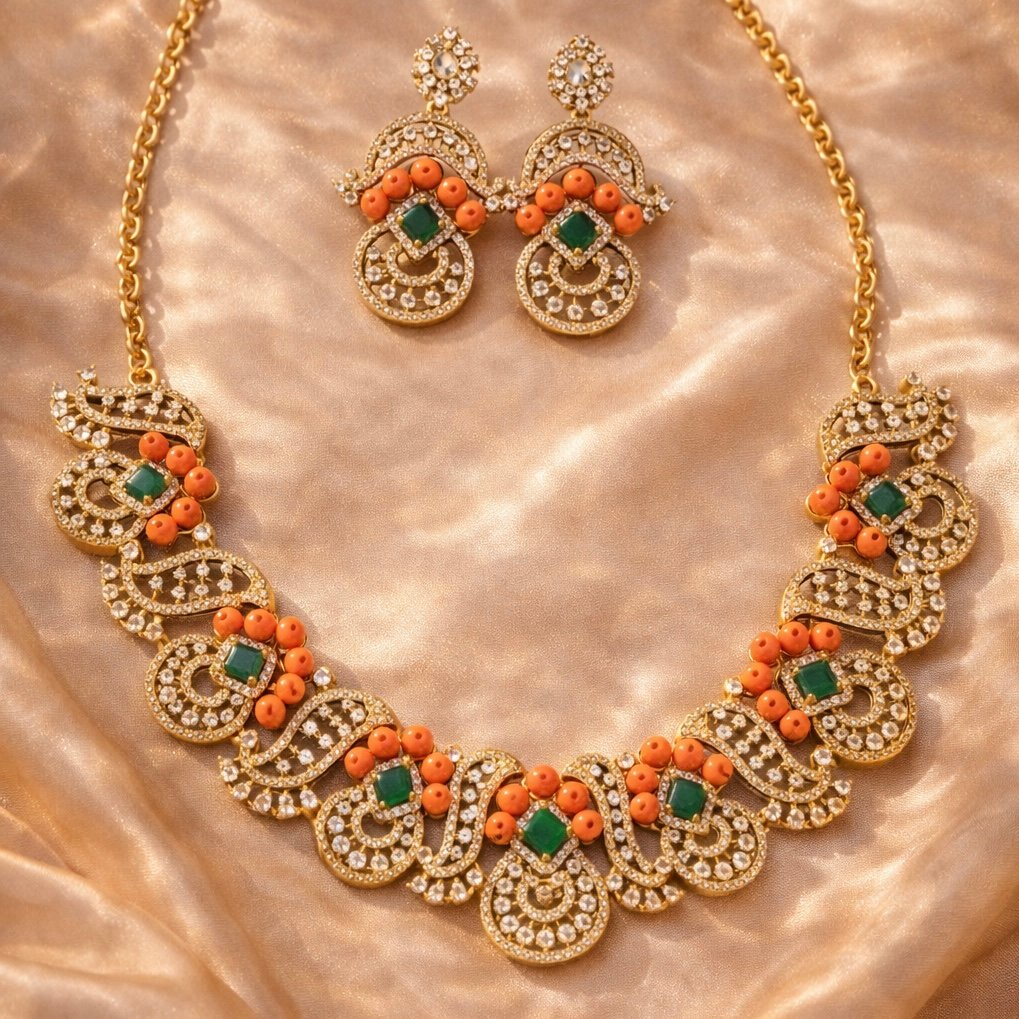 Gold-Tone Designer Necklace Set with Coral Beads - Image 4