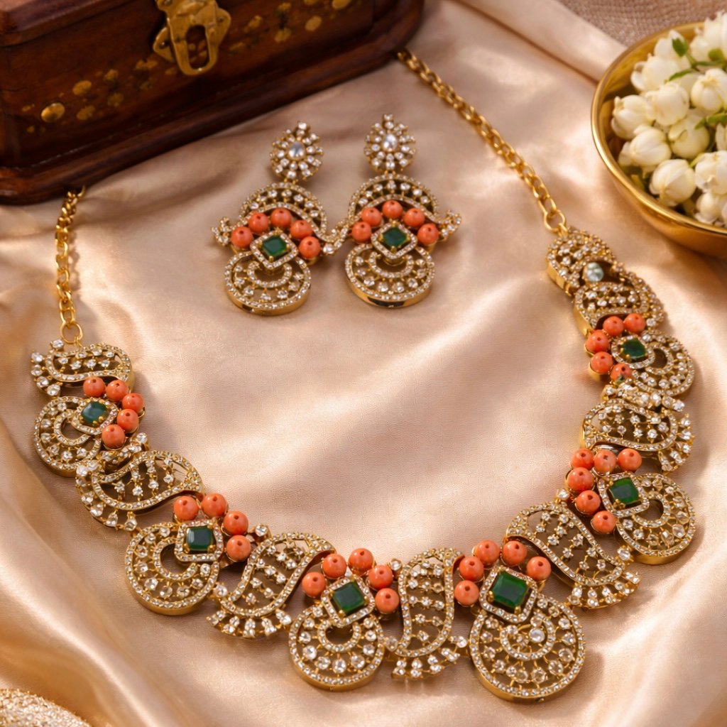 Gold-Tone Designer Necklace Set with Coral Beads - Image 3
