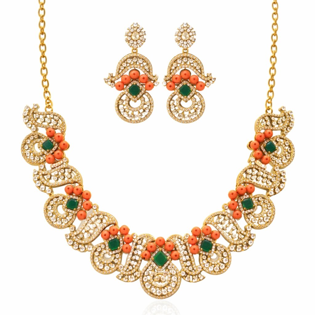 Gold-Tone Designer Necklace Set with Coral Beads - Image 2