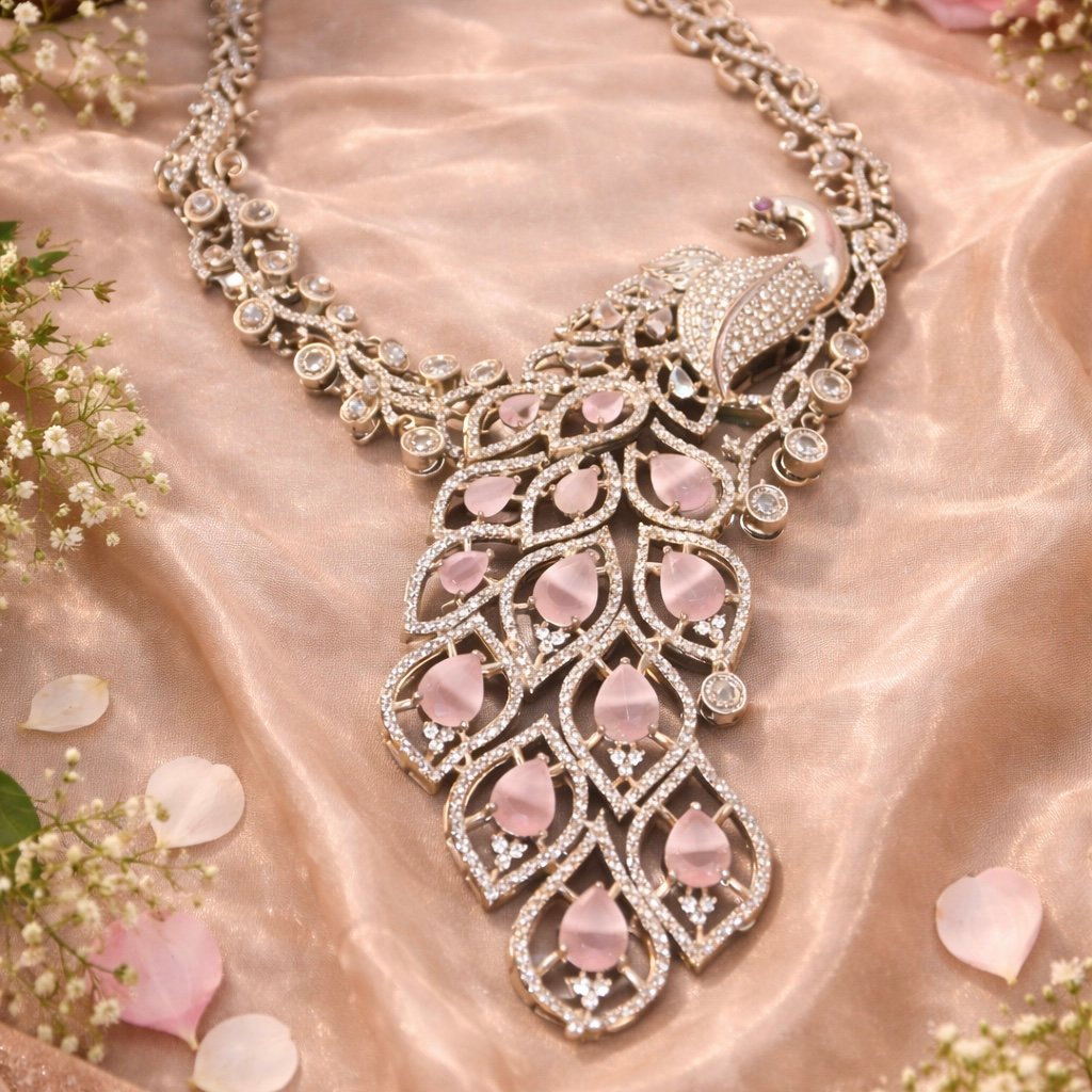 Silver-Tone Designer Necklace Set with Pink Stones - Image 3