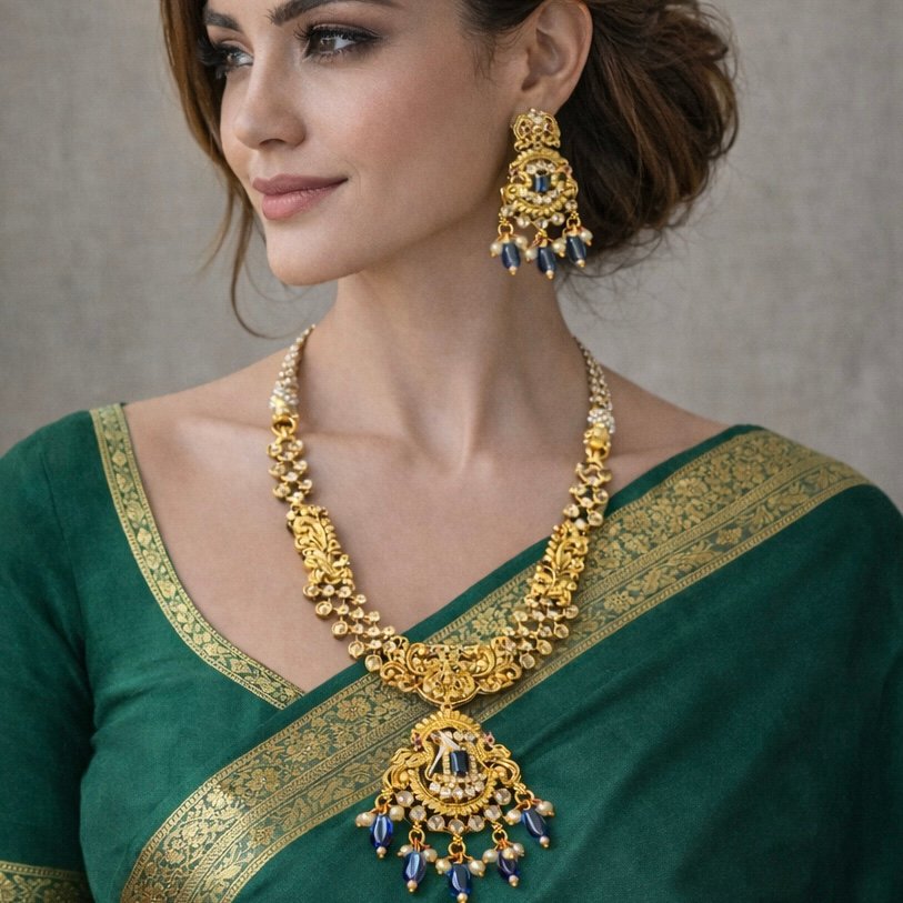 Traditional Gold-Plated Temple Necklace Set with Pendant