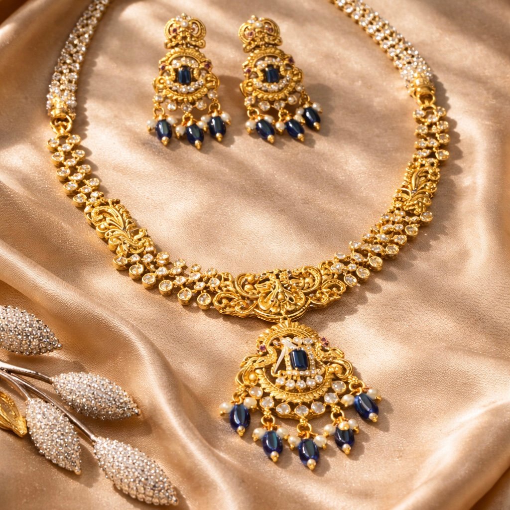 Traditional Gold-Plated Temple Necklace Set with Pendant - Image 4