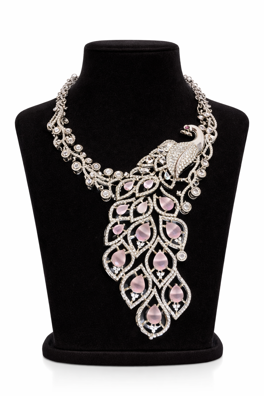 Silver-Tone Designer Necklace Set with Pink Stones - Image 4