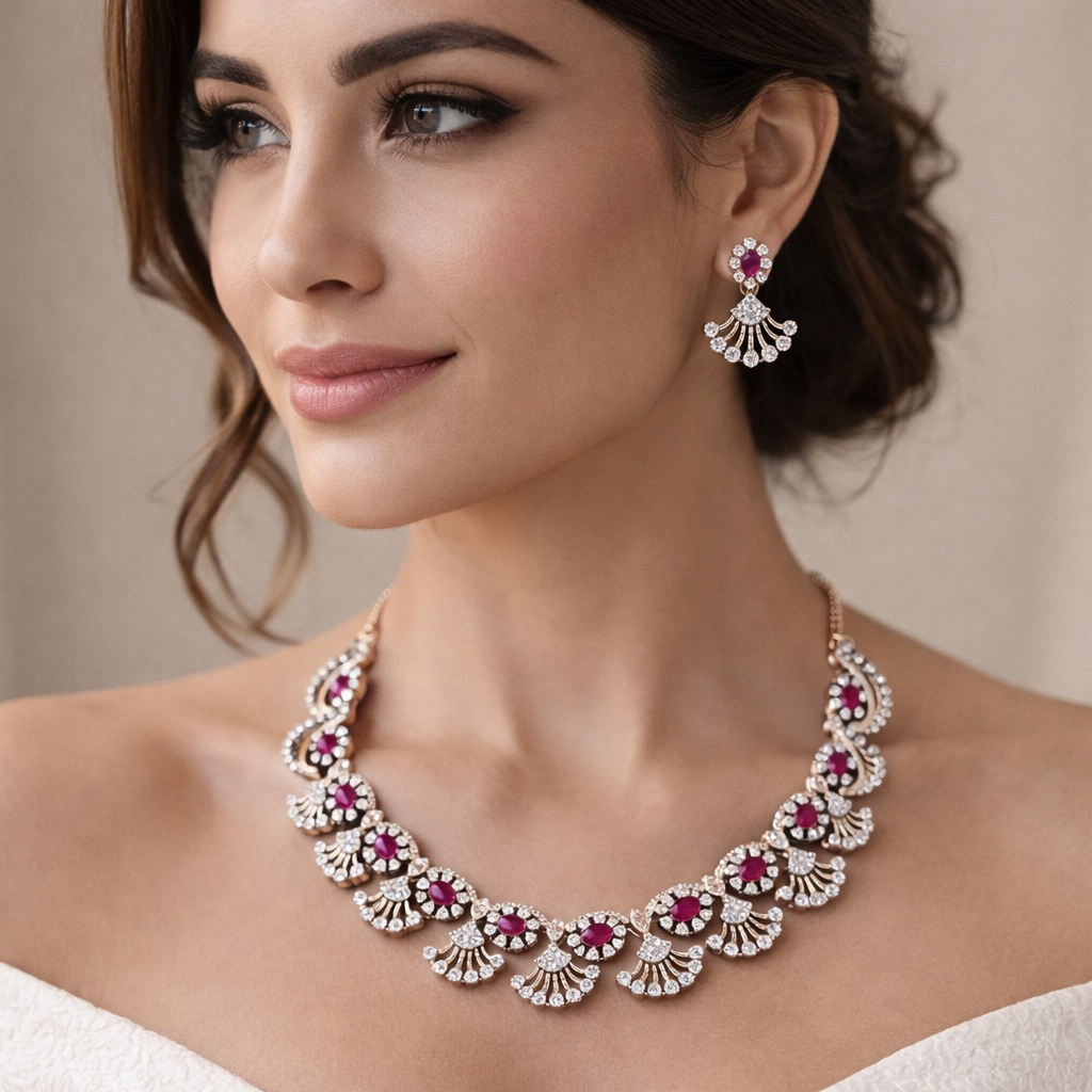 Silver Floral Necklace Set with Pink Stones
