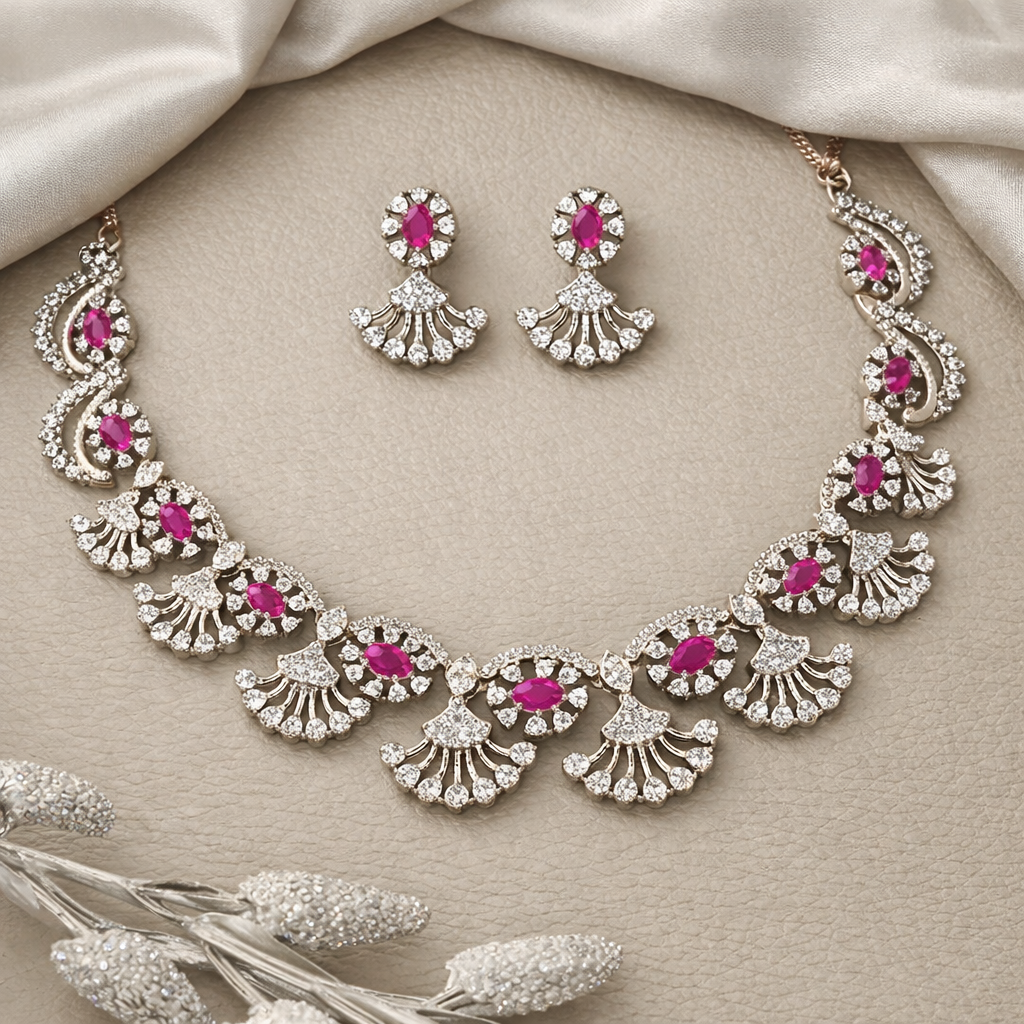Silver Floral Necklace Set with Pink Stones - Image 2