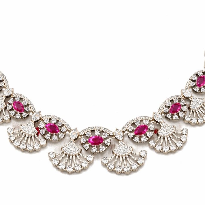 Silver Floral Necklace Set with Pink Stones - Image 3