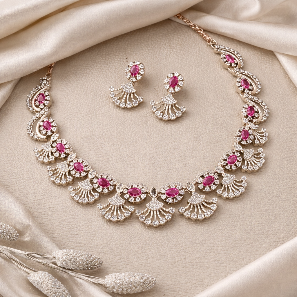 Silver Floral Necklace Set with Pink Stones - Image 4