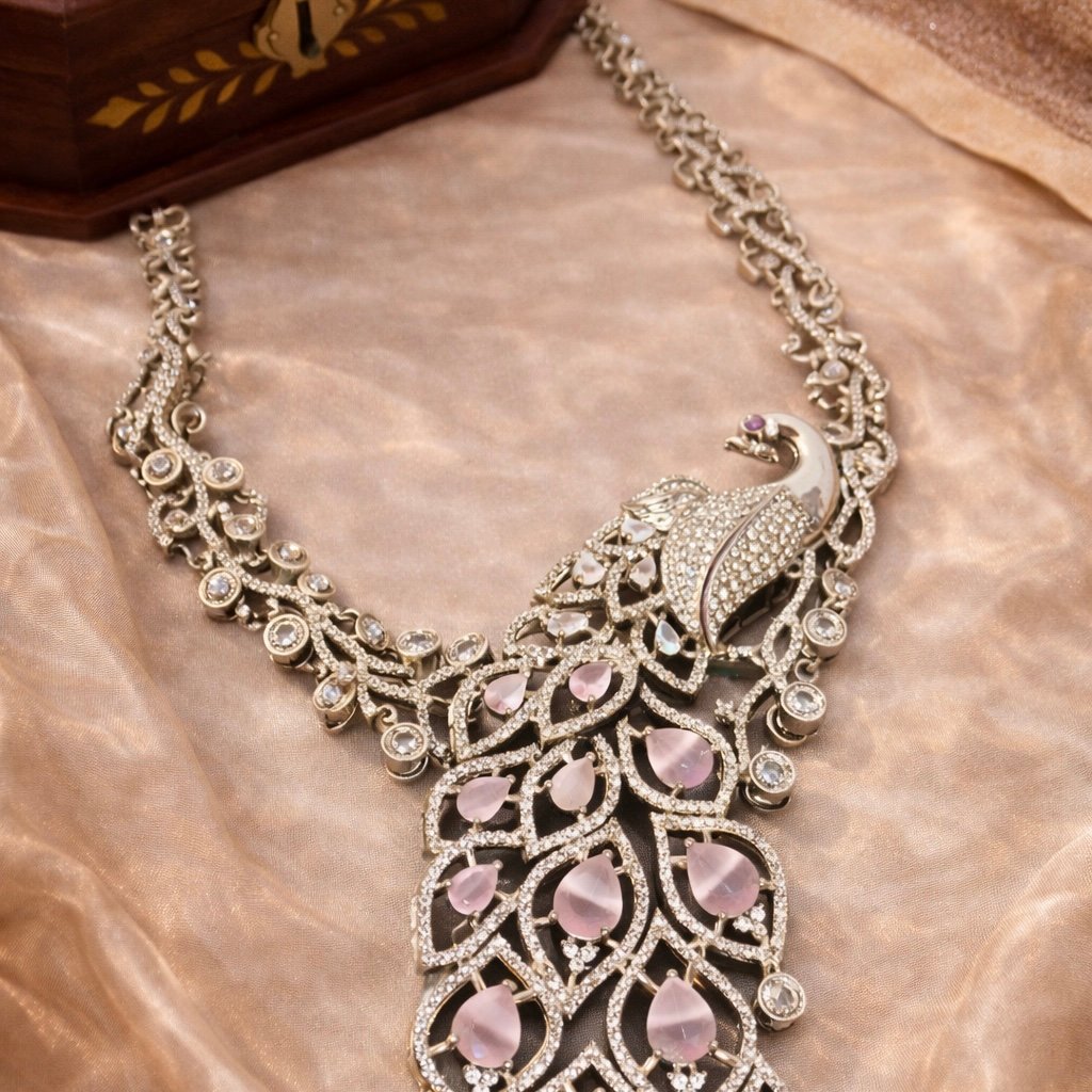 Silver-Tone Designer Necklace Set with Pink Stones - Image 5