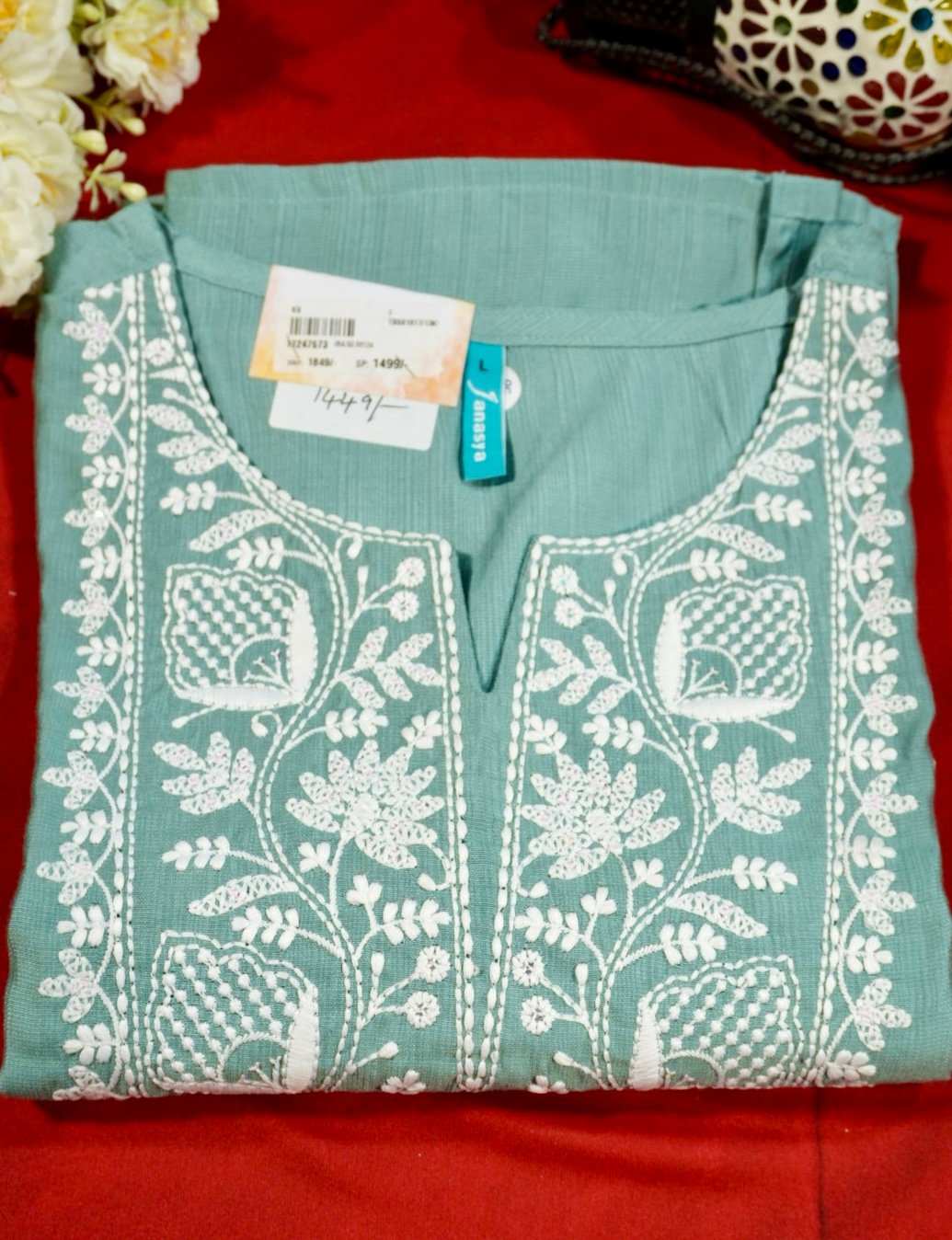Women’s Sea Green Embroidered Kurti Set with Dupatta - Image 4