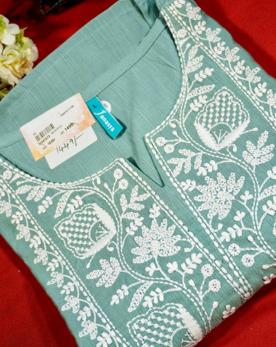 Women’s Sea Green Embroidered Kurti Set with Dupatta - Image 3