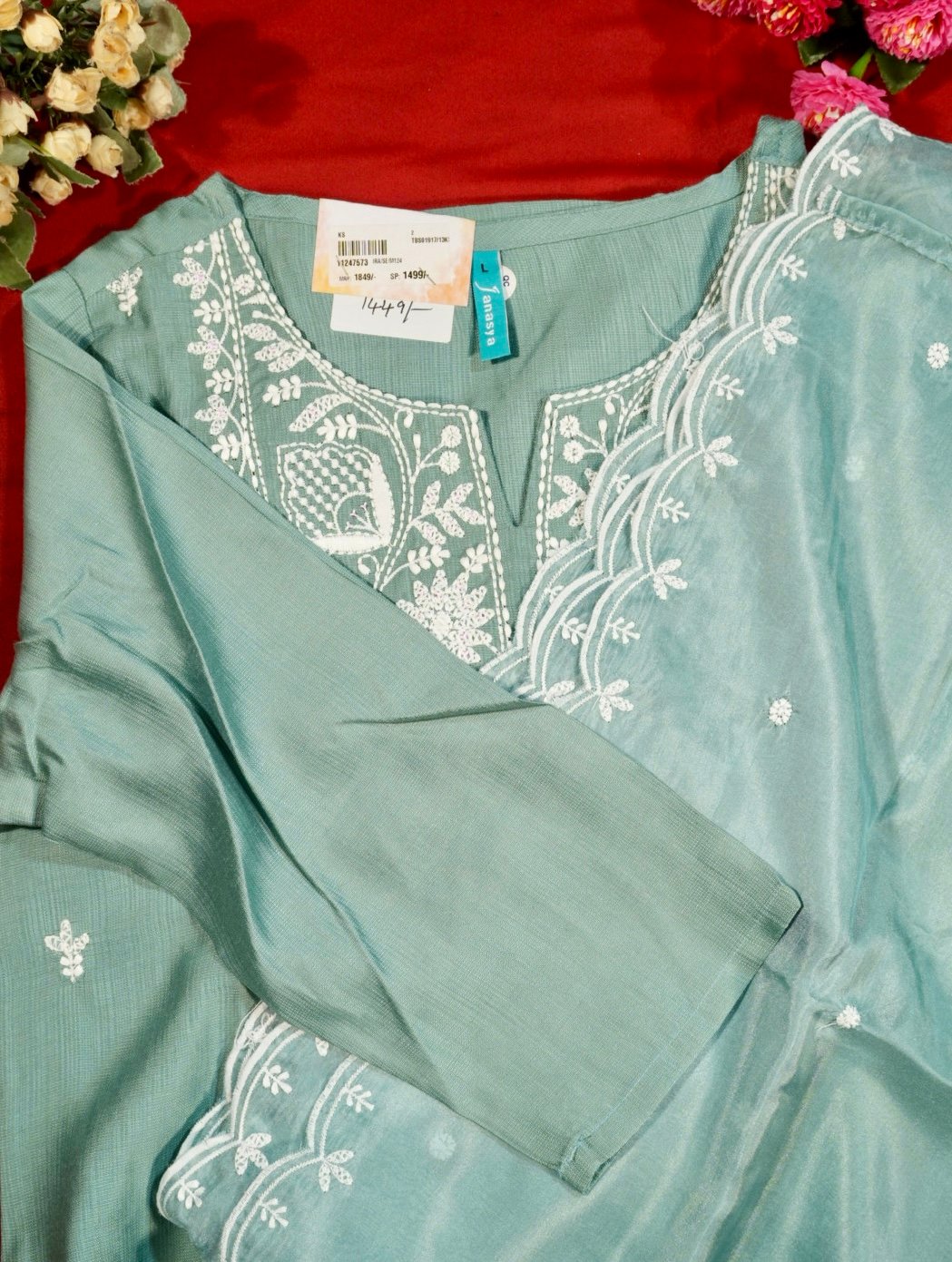 Women’s Sea Green Embroidered Kurti Set with Dupatta