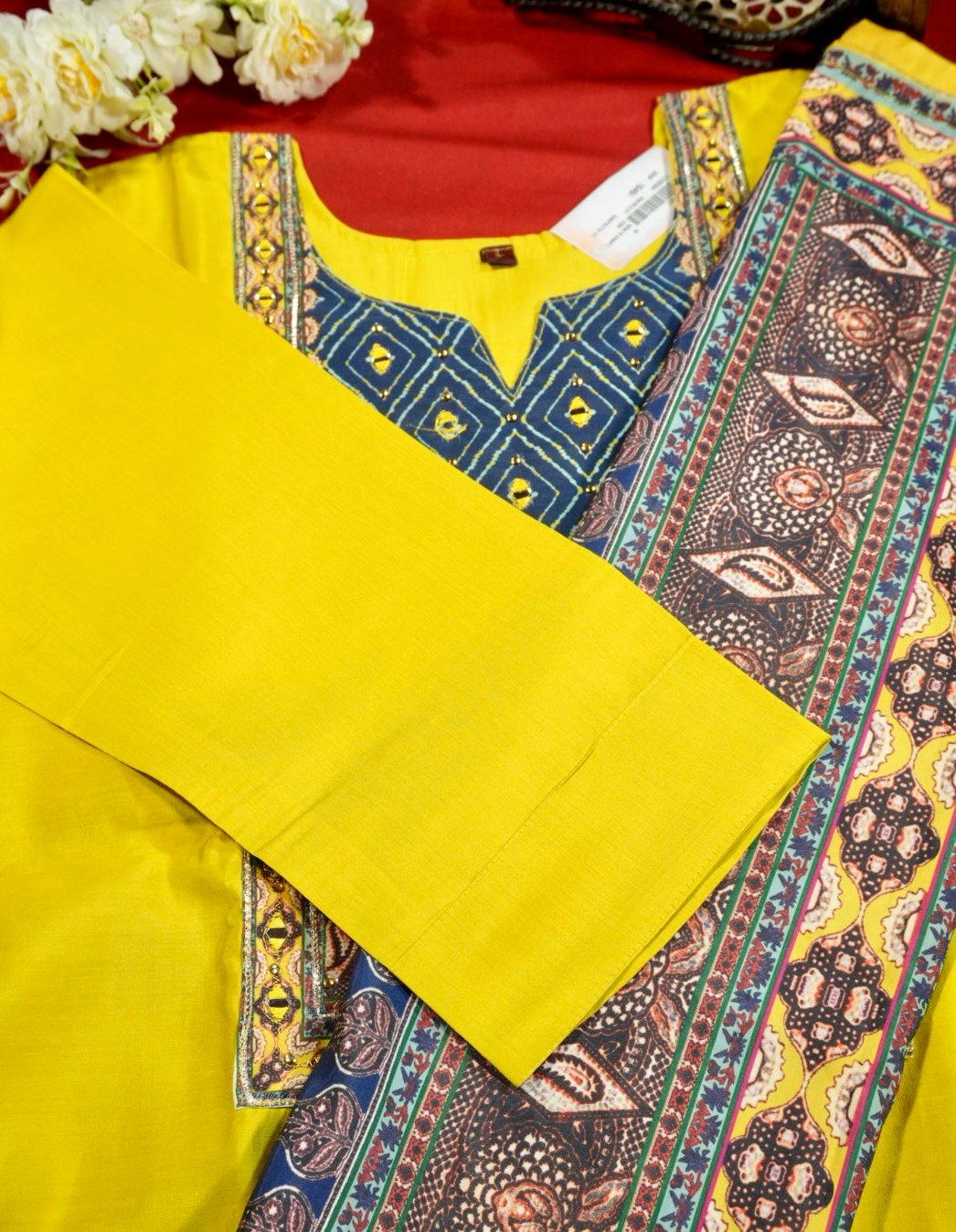 Women’s Yellow Kurti Set with Printed Dupatta - Image 2