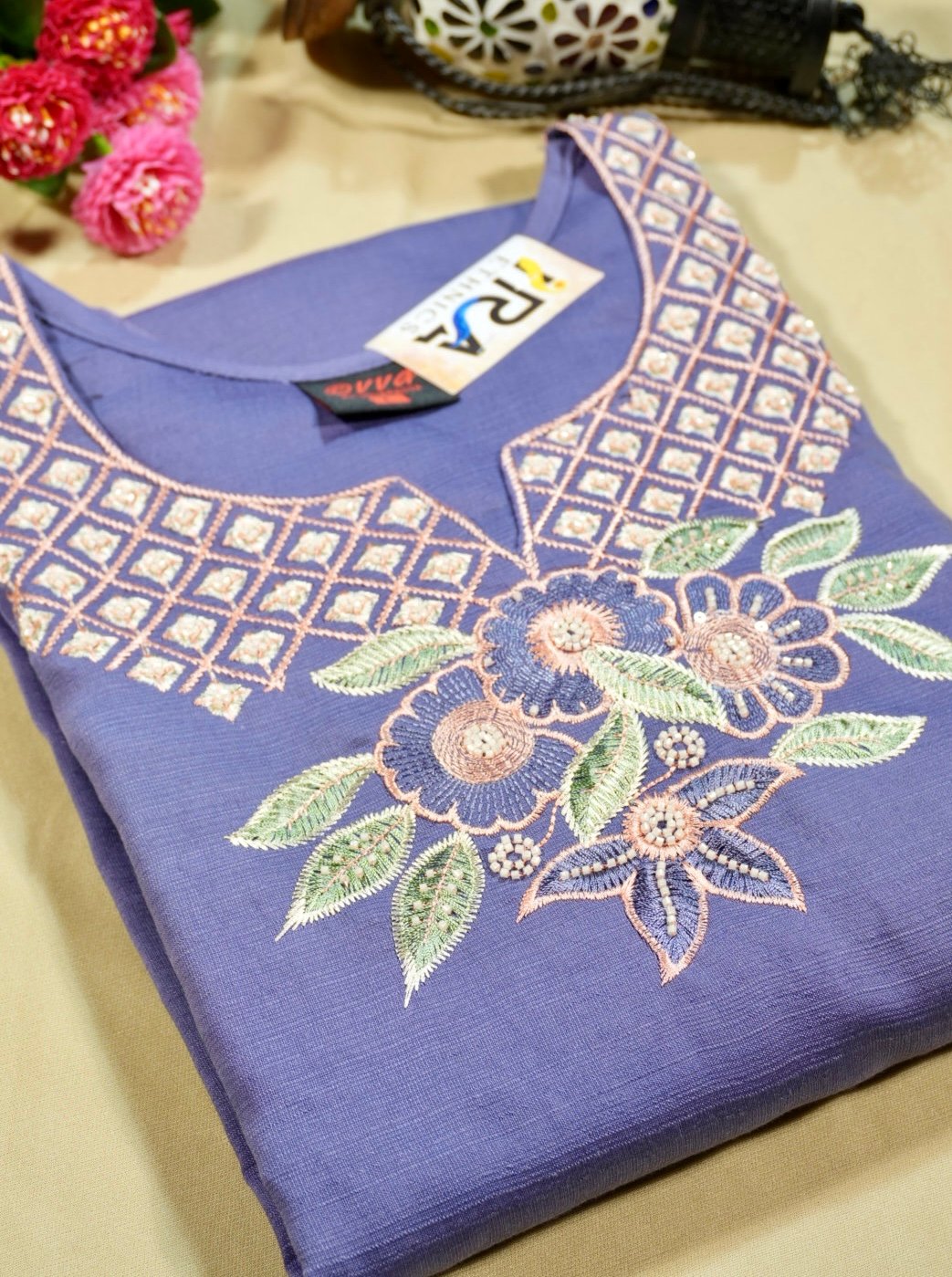 Lavender Blue Kurta Set with Embroidered Neck - Image 3
