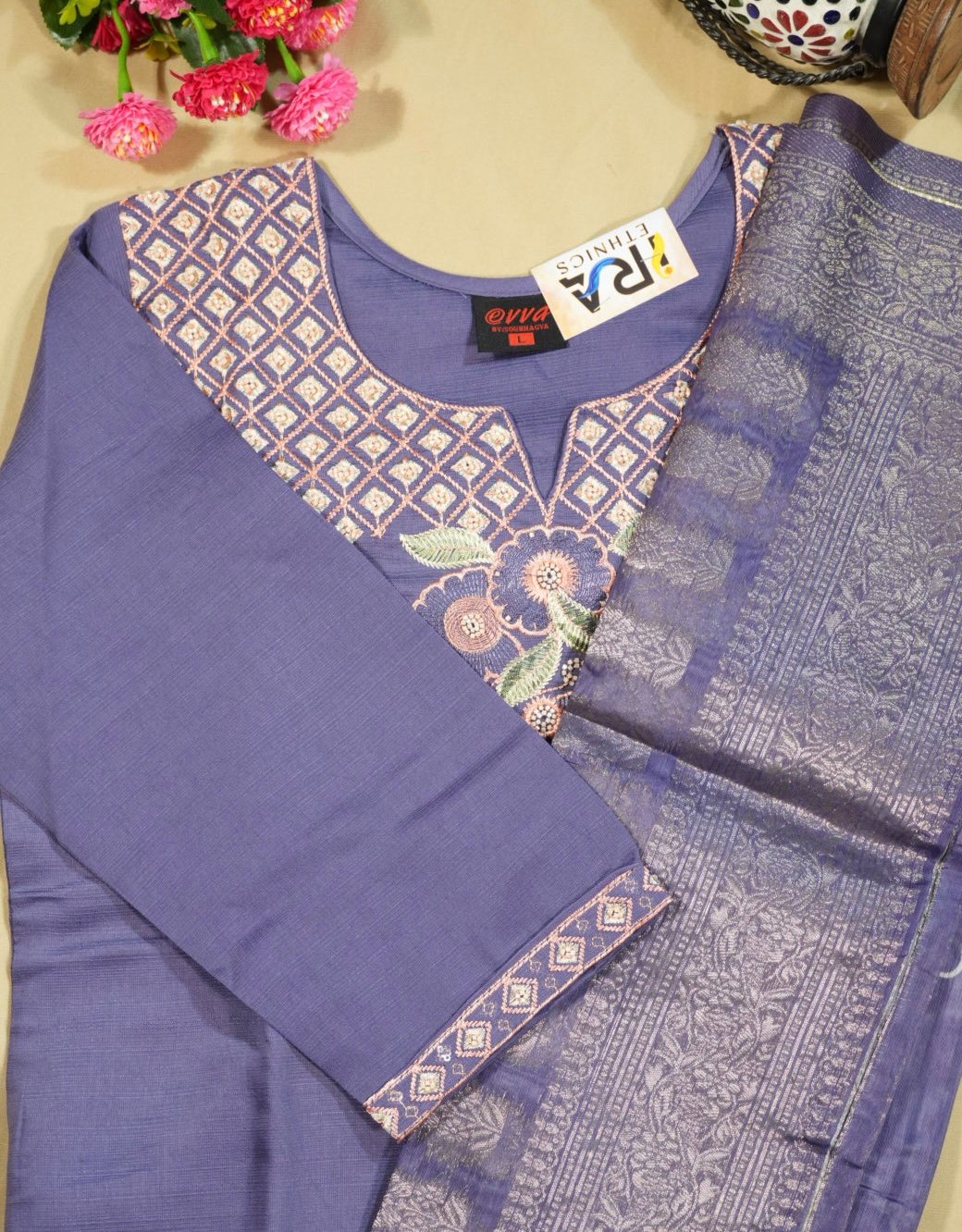 Lavender Blue Kurta Set with Embroidered Neck