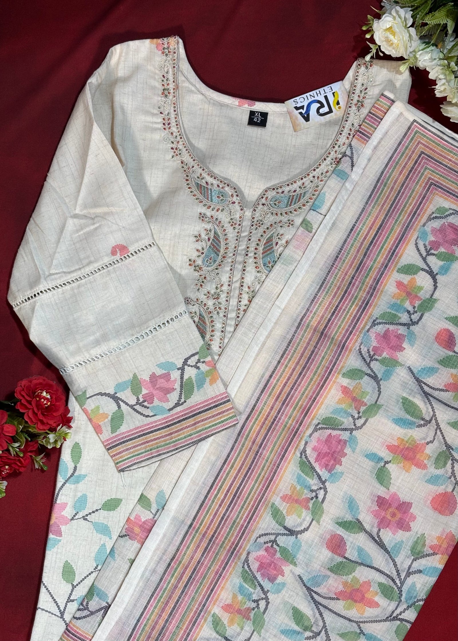 Teal Green Kurta Set with Printed Dupatta - Image 3