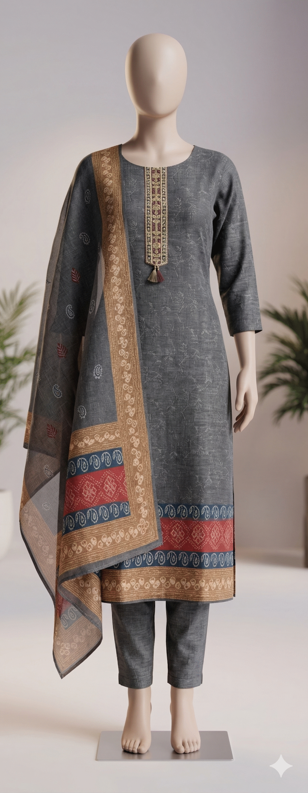 Grey Ethnic Kurta Set with Woven Dupatta - Image 2