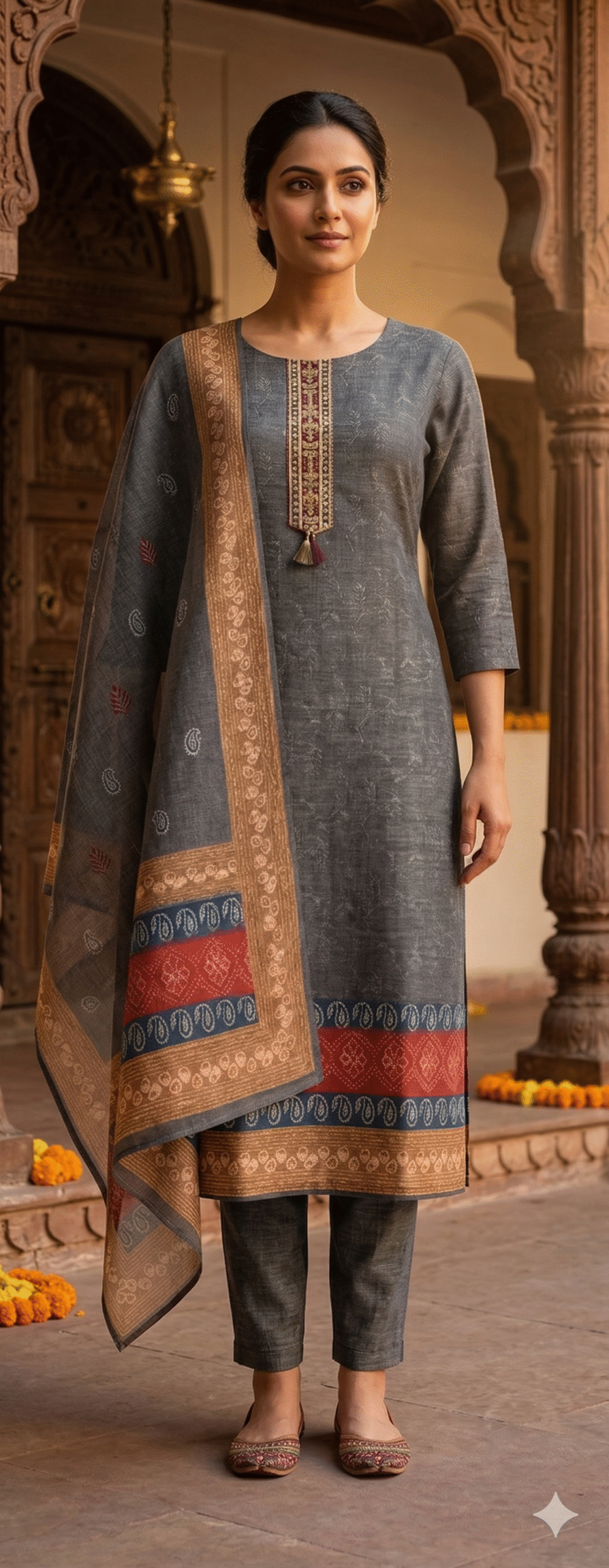 Grey Ethnic Kurta Set with Woven Dupatta