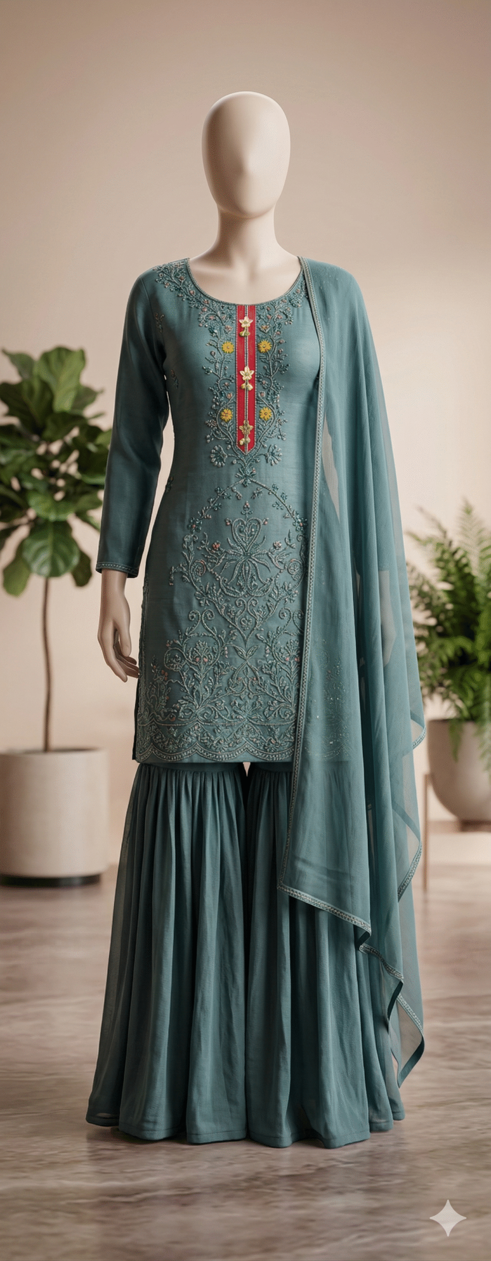 Elegant Teal Embroidered Ethnic Set - Image 2