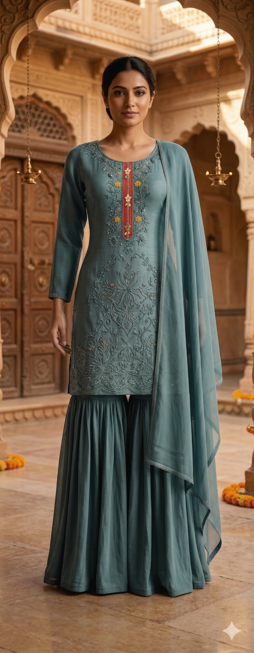 Elegant Teal Embroidered Ethnic Set