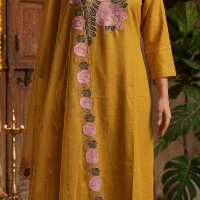 Mustard Floral Embroidered Kurta Set