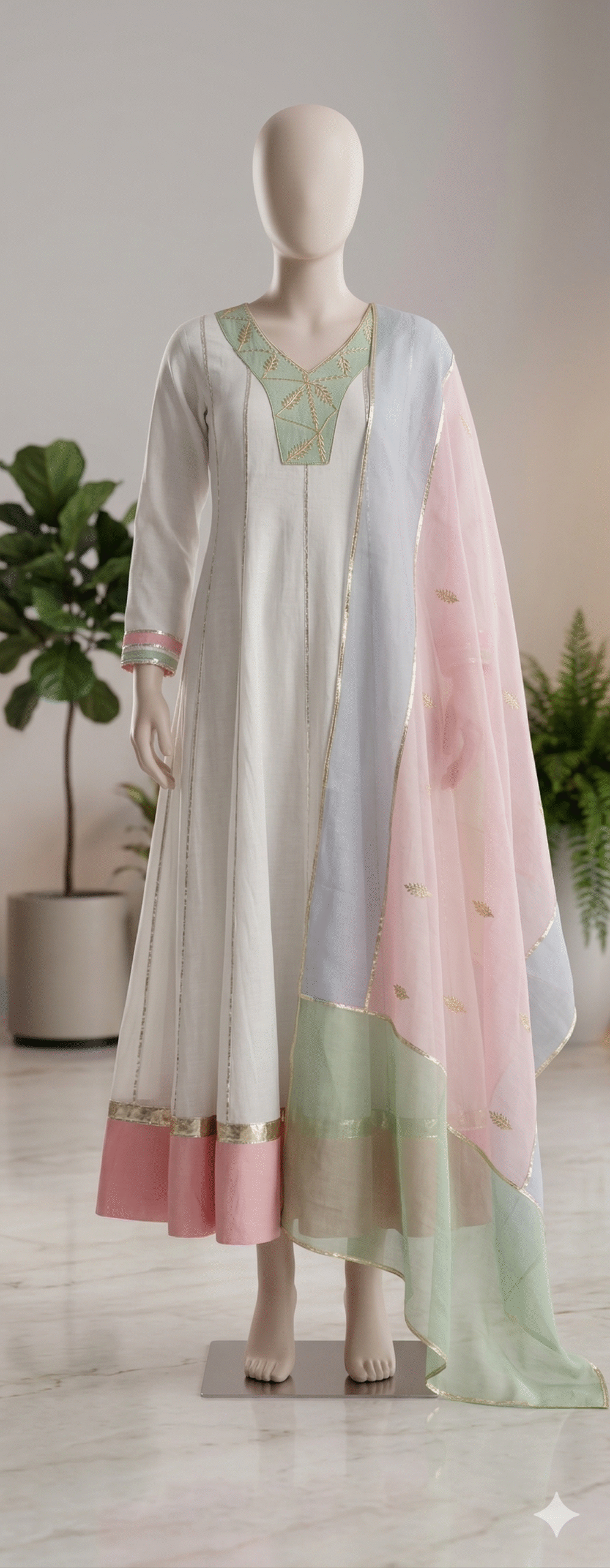 Pastel Embroidered Anarkali Set with Multicolor Dupatta - Image 2