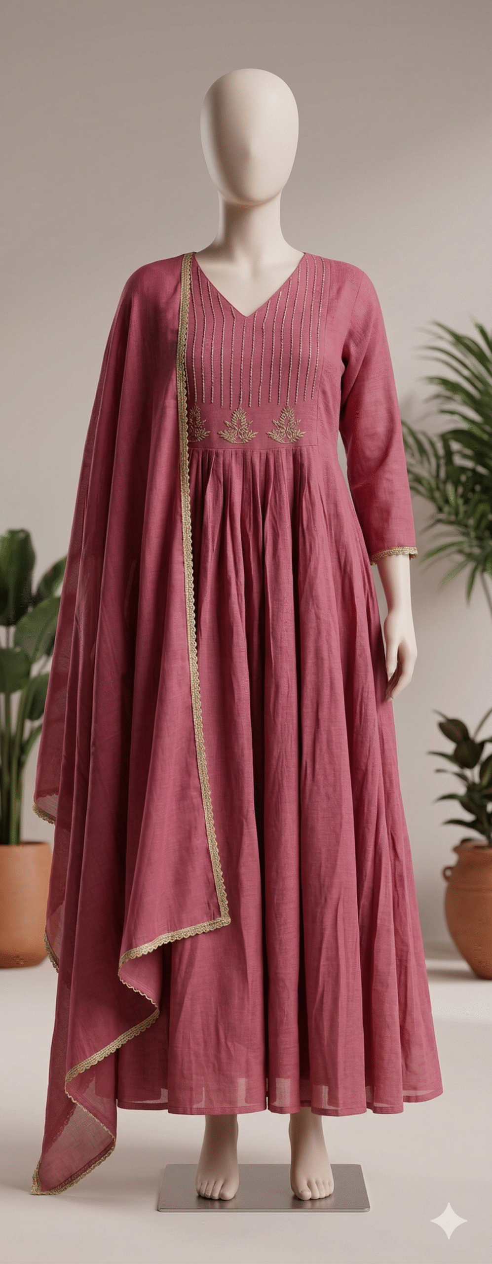 Dusty Rose Long Flared Dress with Gold Embroidery and Scarf - Image 2