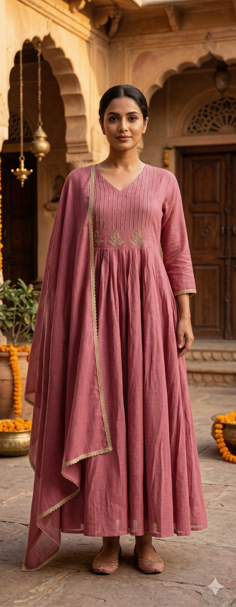 Dusty Rose Long Flared Dress with Gold Embroidery and Scarf