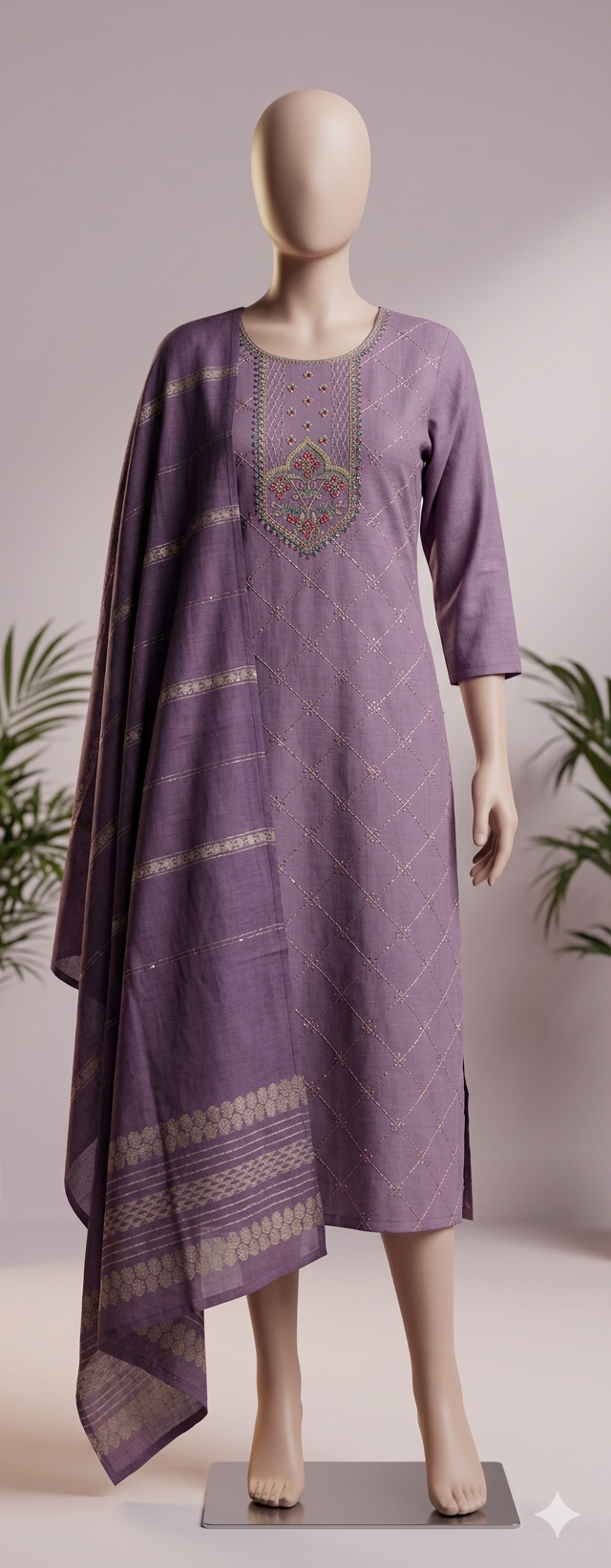 Lavender Cotton Silk Straight Suit Set with Woven Dupatta - Image 2