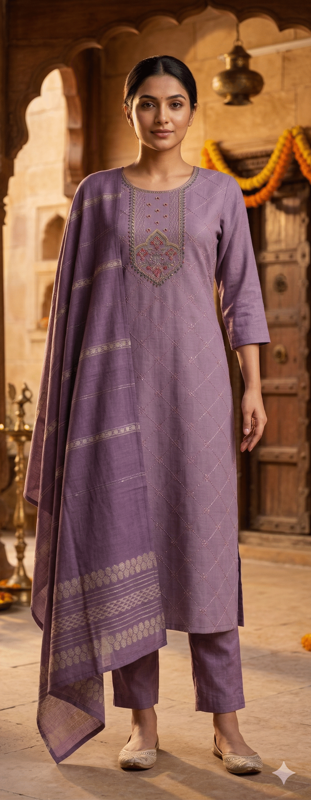 Lavender Cotton Silk Straight Suit Set with Woven Dupatta