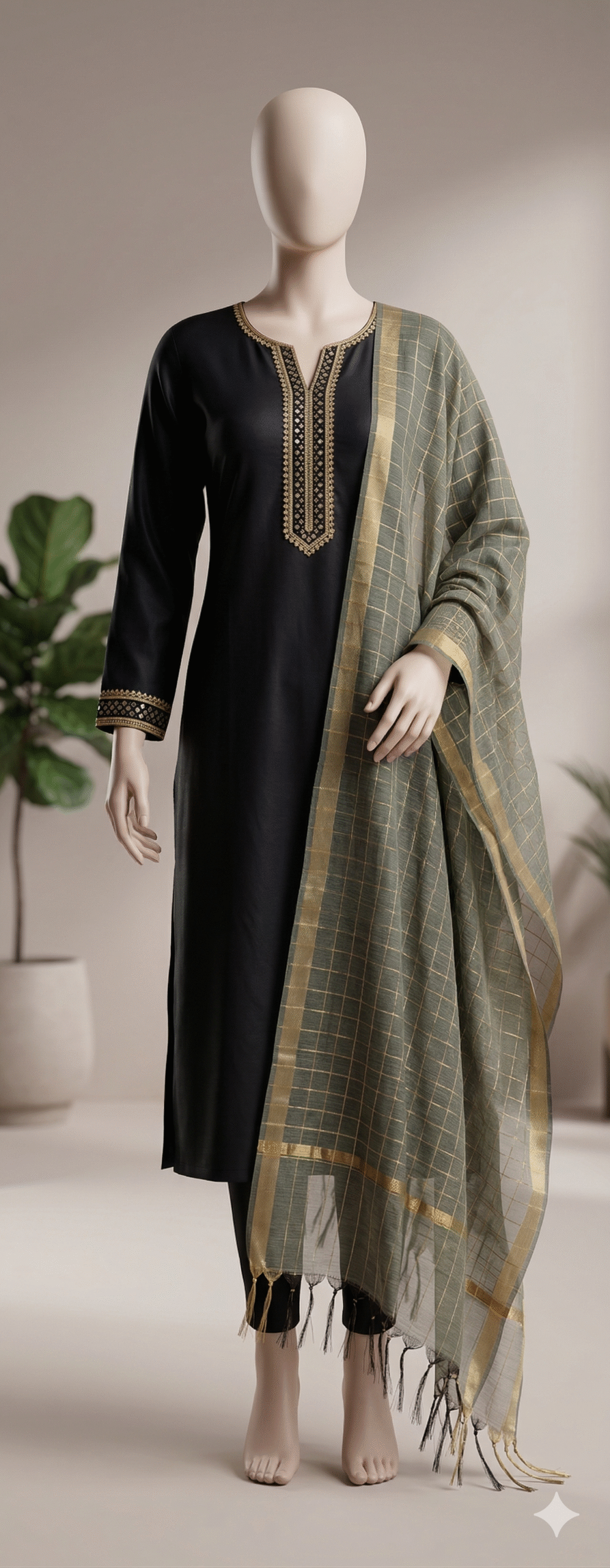 Classic Black Straight Kurta Set with Golden Embroidery and Chanderi Scarf - Image 2