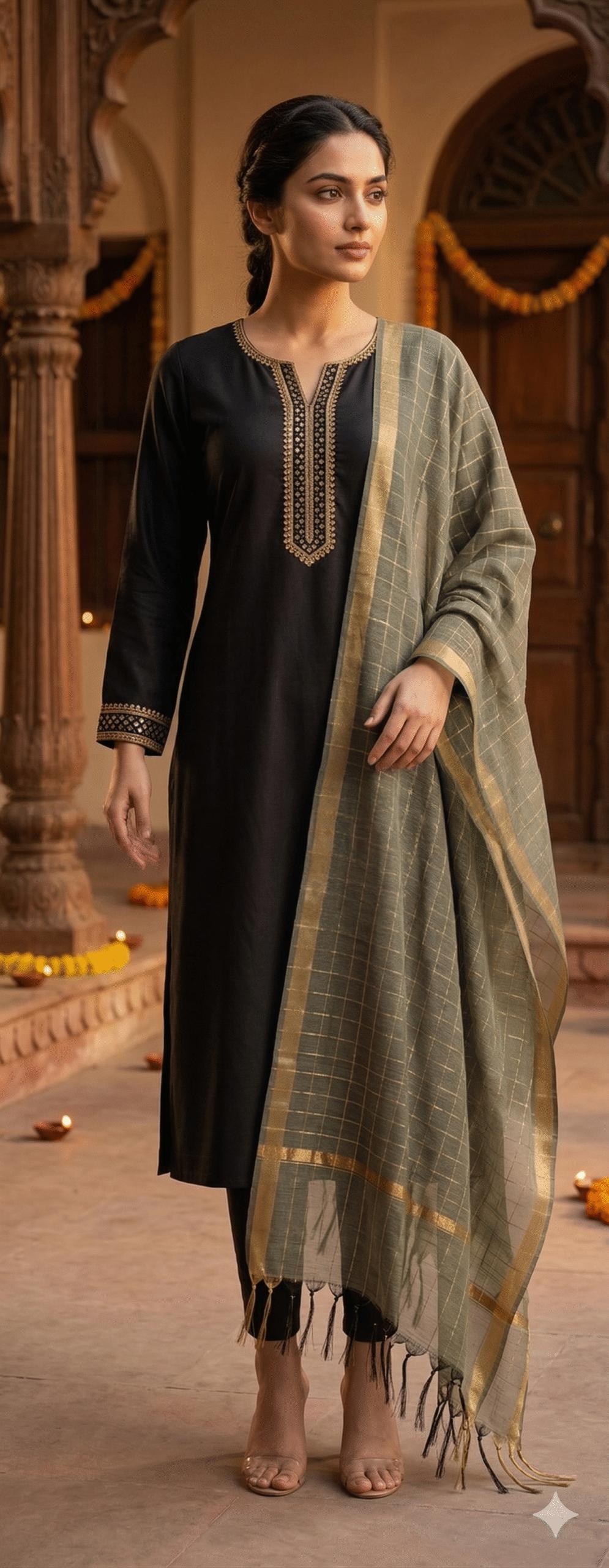 Classic Black Straight Kurta Set with Golden Embroidery and Chanderi Scarf