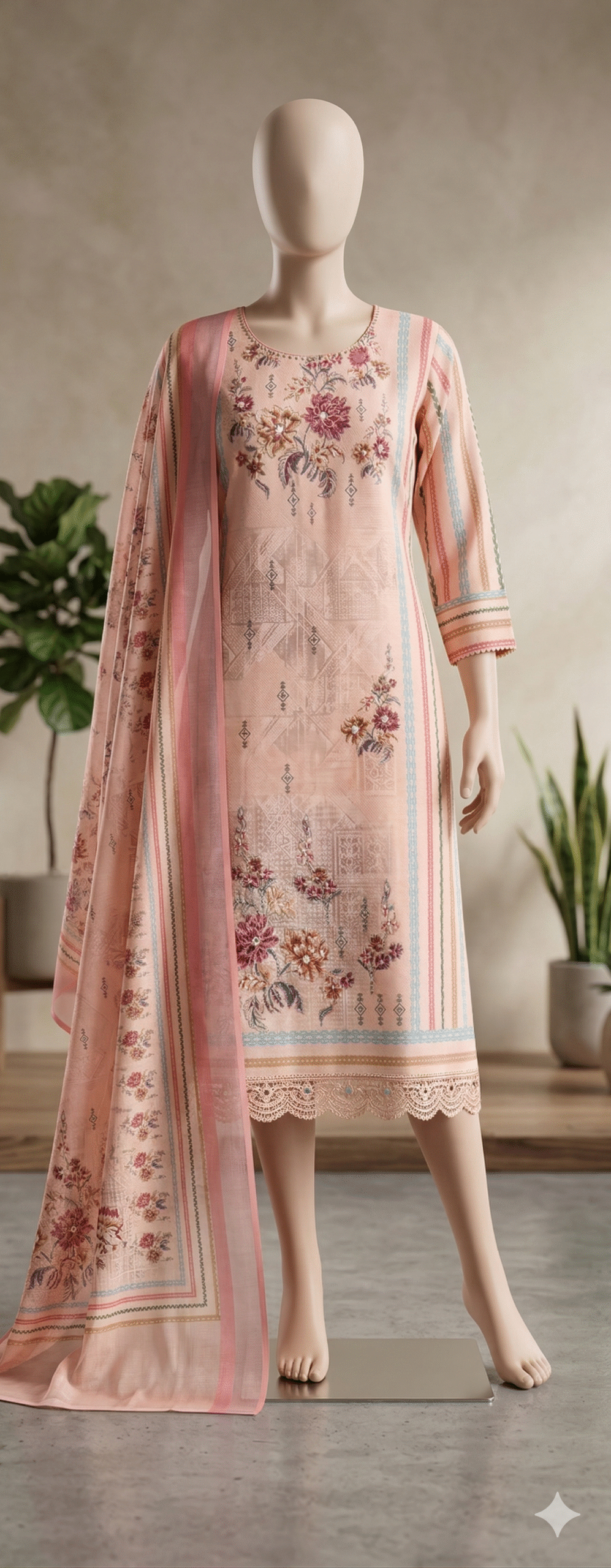 Soft Peach Floral Printed Kurta Set with Lace Hem and Matching Dupatta - Image 2