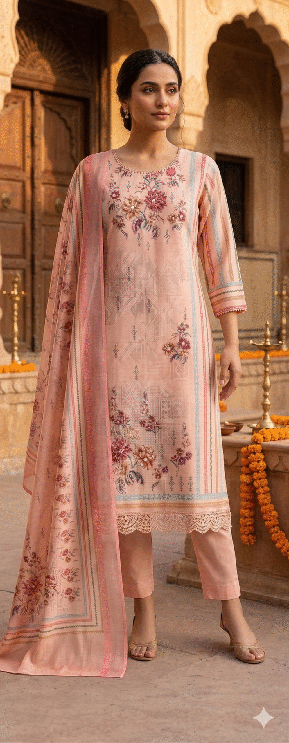 Soft Peach Floral Printed Kurta Set with Lace Hem and Matching Dupatta
