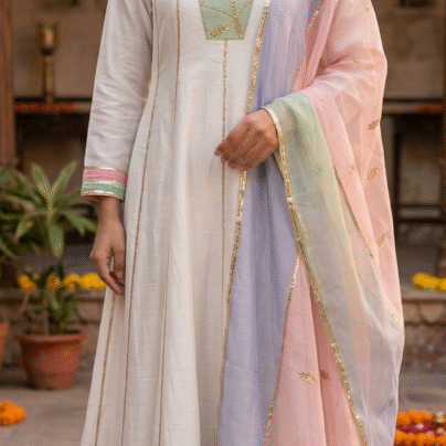 Pastel Embroidered Anarkali Set with Multicolor Dupatta
