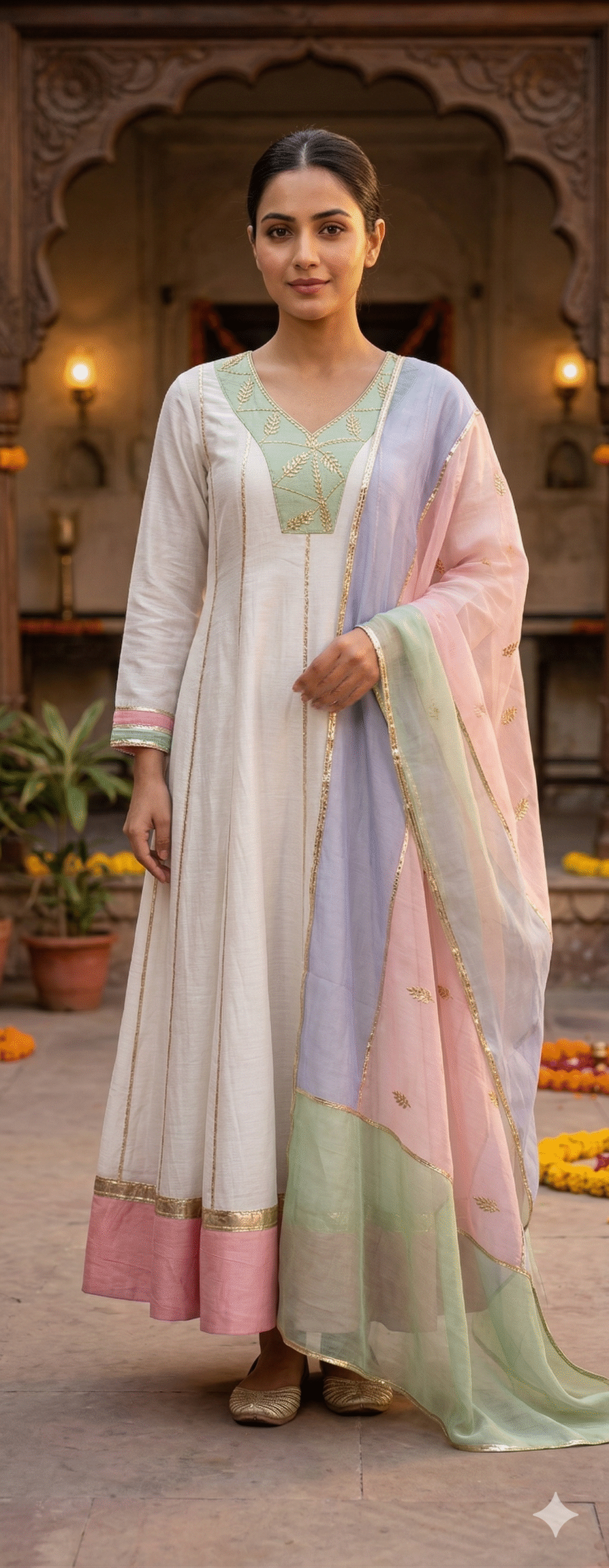 Pastel Embroidered Anarkali Set with Multicolor Dupatta